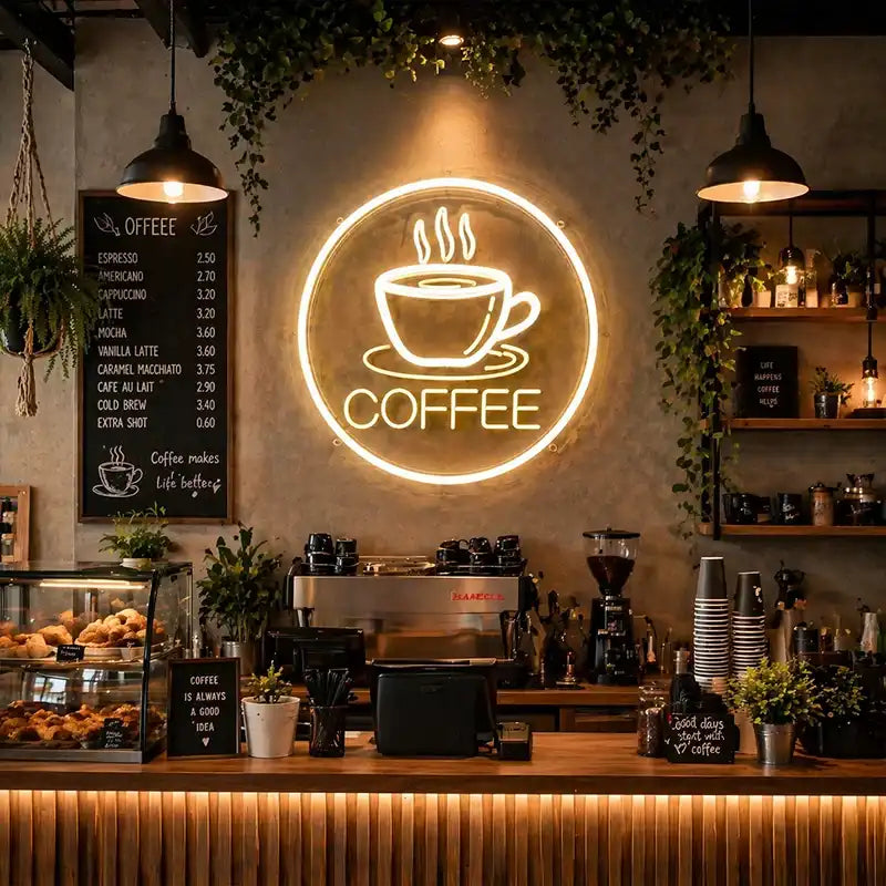 Wholesale Custom Coffee Cup LED Neon Sign with Round Clear Acrylic Backing for Cafes, Coffee Shops, Restaurants and Beverage Bar Wall Decor