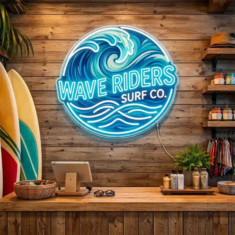 Wholesale Custom Wave Riders Surf Co. LED Neon Sign with Clear Acrylic Backing for Surf Shops, Beach Bars, Resorts, Cafes and Coastal Wall Decor