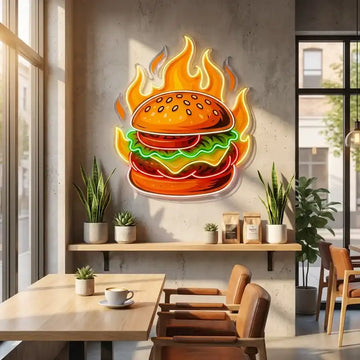 Custom Burger LED Neon Sign with Clear Acrylic Backing for Restaurants, Bars and Fast Food Shops