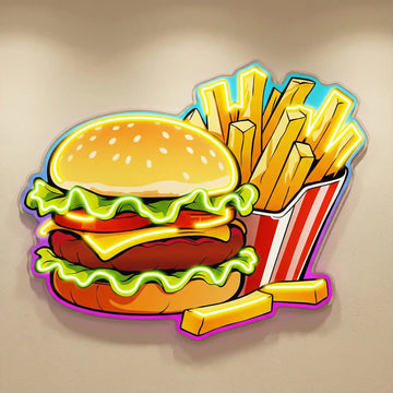 Wholesale Custom Burger and Fries LED Neon Sign with UV Printed Acrylic Backing for Fast Food Restaurants, Burger Shops, Diners and Storefront Wall Decor