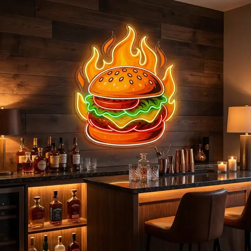 Custom Burger LED Neon Sign with Clear Acrylic Backing for Restaurants, Bars and Fast Food Shops