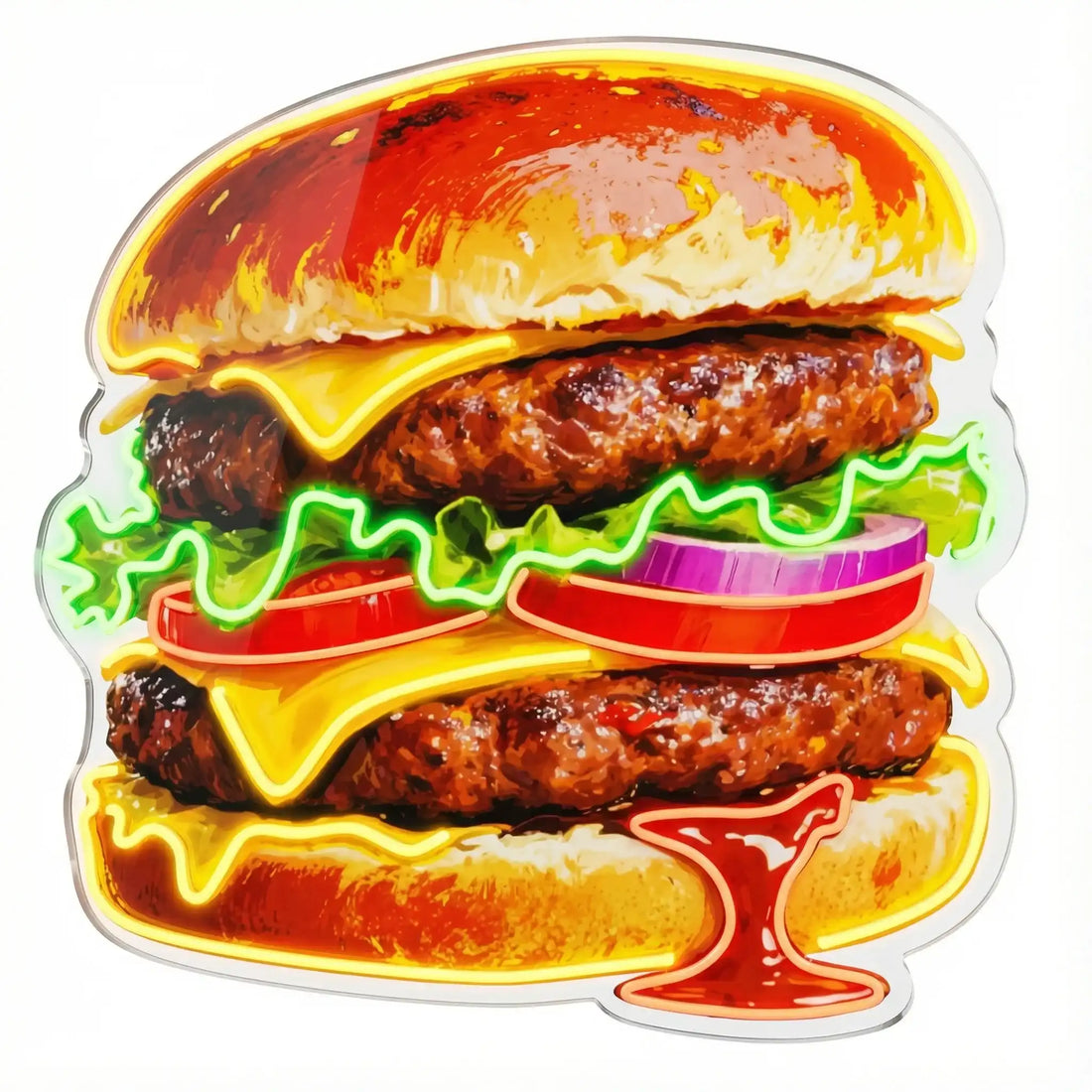 Wholesale Custom Double Cheeseburger LED Neon Sign with UV Printed Acrylic Backing for Burger Shops, Fast Food Restaurants, Diners and Storefront Wall Decor