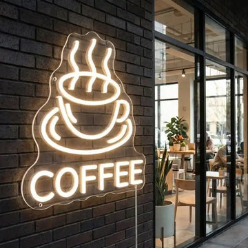 Custom Coffee LED Neon Sign with Clear Acrylic Backing for Cafes, Coffee Shops and Restaurants