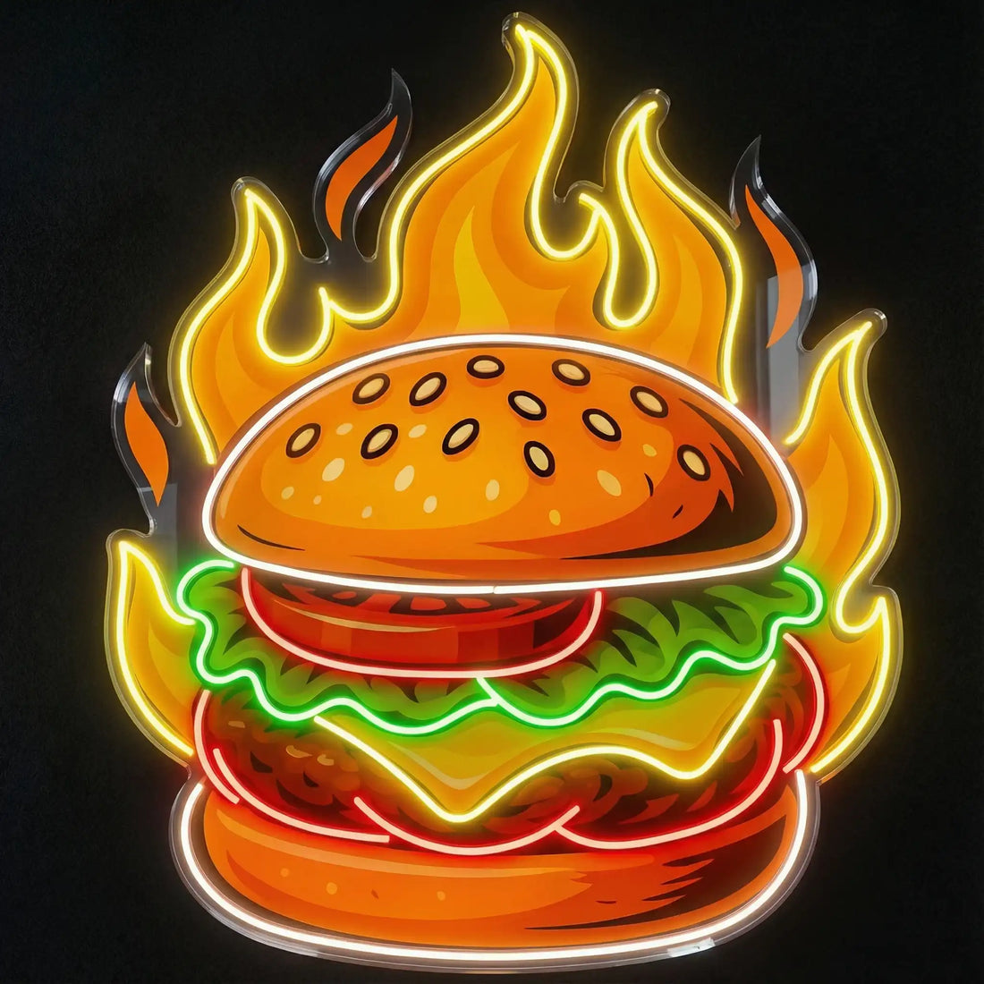 Wholesale Custom Flaming Burger LED Neon Sign with UV Printed Acrylic Backing for Burger Shops, Fast Food Restaurants, Diners and Storefront Wall Decor