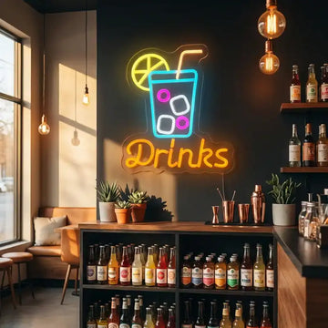Custom Drinks LED Neon Sign with Clear Acrylic Backing for Bars, Cafes, Restaurants and Beverage Shops