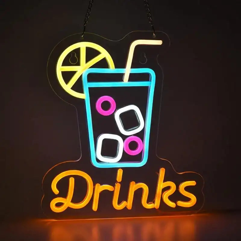 Custom Drinks LED Neon Sign with Clear Acrylic Backing for Bars, Cafes, Restaurants and Beverage Shops