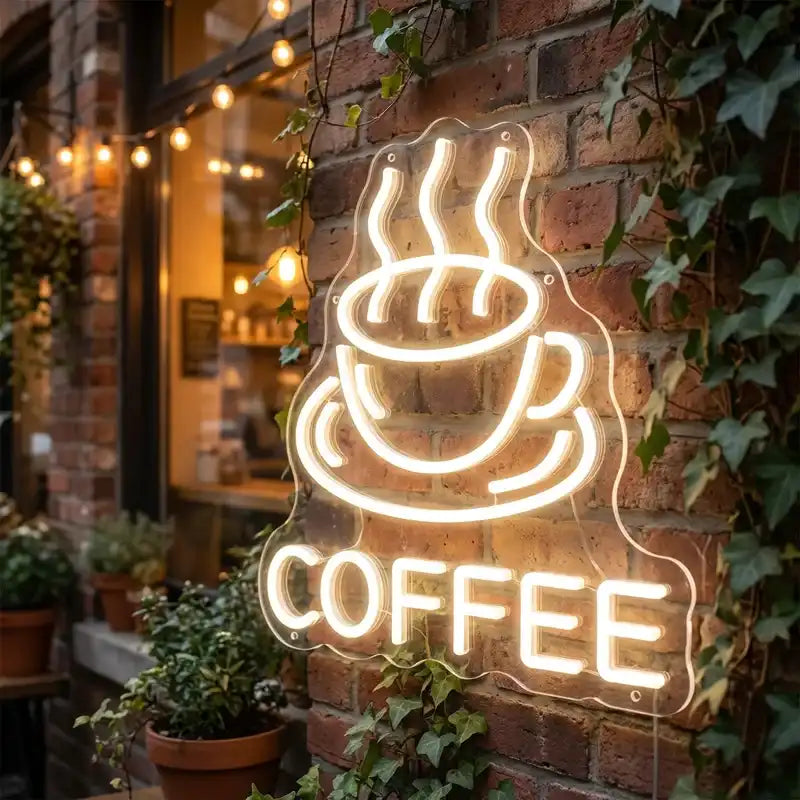 Custom Coffee LED Neon Sign with Clear Acrylic Backing for Cafes, Coffee Shops and Restaurants