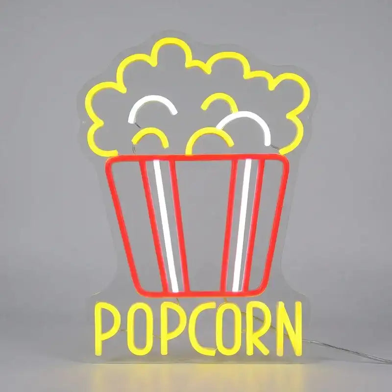 Custom Popcorn LED Neon Sign with Clear Acrylic Backing for Movie Rooms, Snack Shops and Cafes