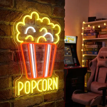 Custom Popcorn LED Neon Sign with Clear Acrylic Backing for Movie Rooms, Snack Shops and Cafes