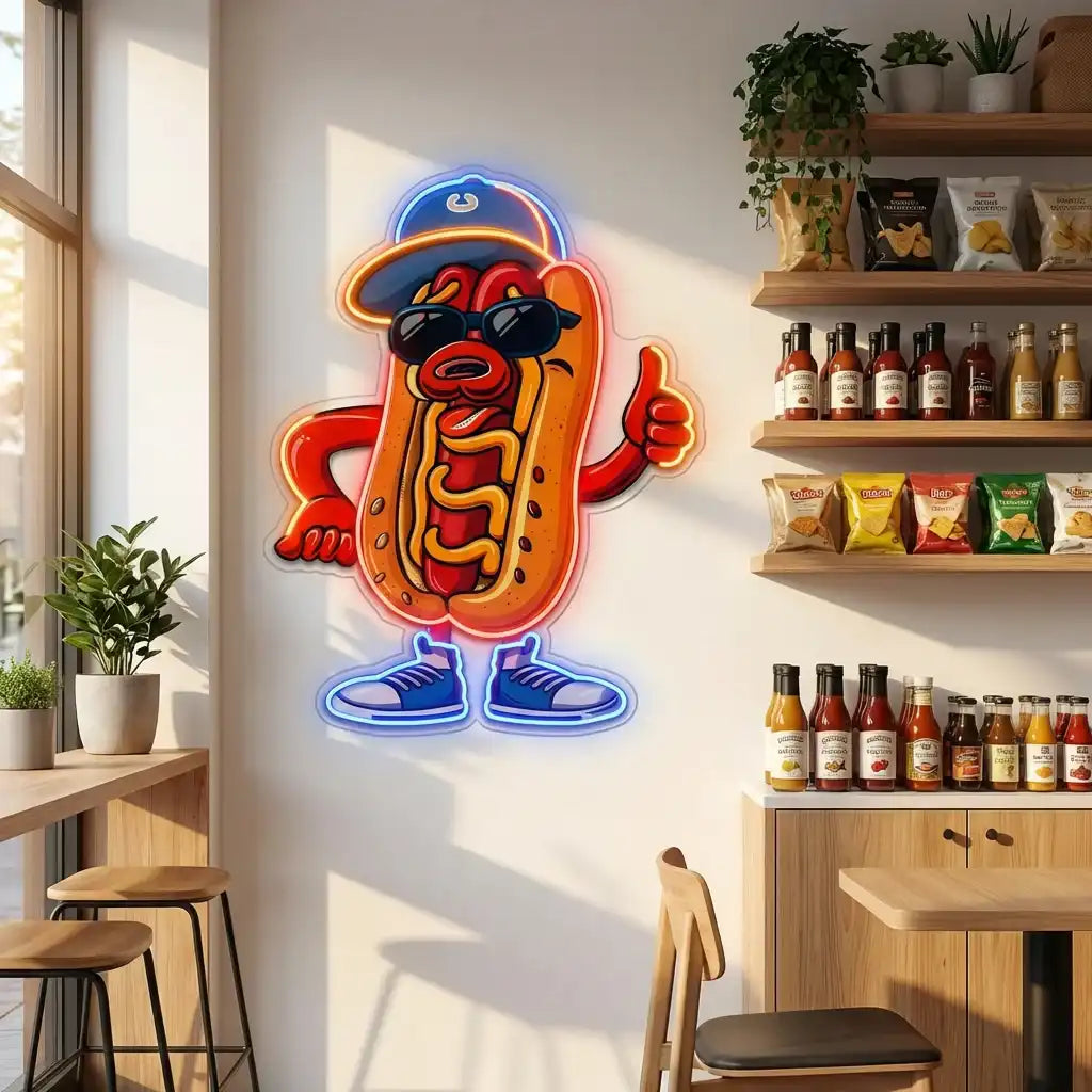 Custom Hot Dog LED Neon Sign with Clear Acrylic Backing for Fast Food Shops, Restaurants and Food Trucks