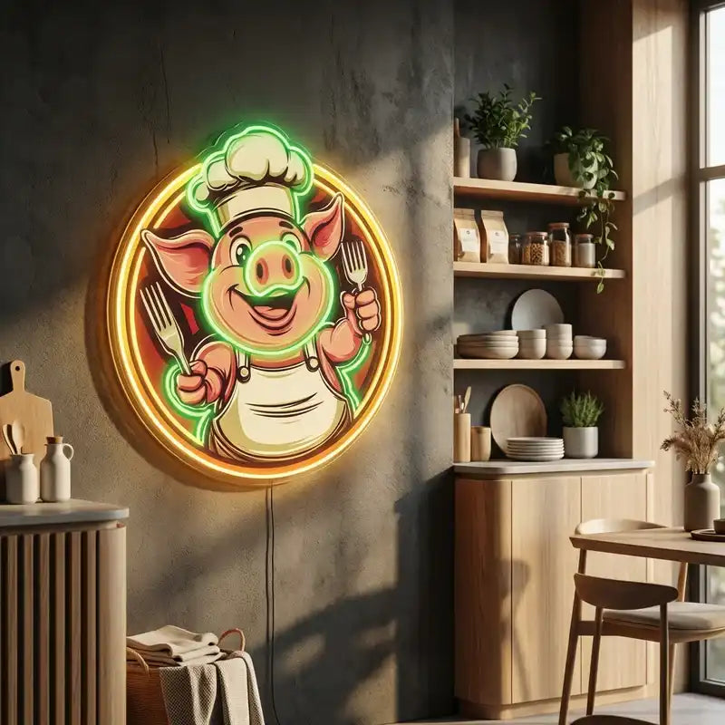 Custom Pig Chef LED Neon Sign with Clear Acrylic Backing for Restaurants, BBQ Shops and Food Stores