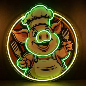Custom Pig Chef LED Neon Sign with Clear Acrylic Backing for Restaurants, BBQ Shops and Food Stores