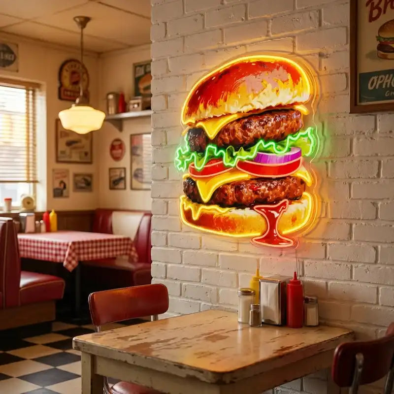 Custom Double Burger LED Neon Sign with Clear Acrylic Backing for Burger Shops, Restaurants and Fast Food Stores