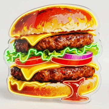 Custom Double Burger LED Neon Sign with Clear Acrylic Backing for Burger Shops, Restaurants and Fast Food Stores