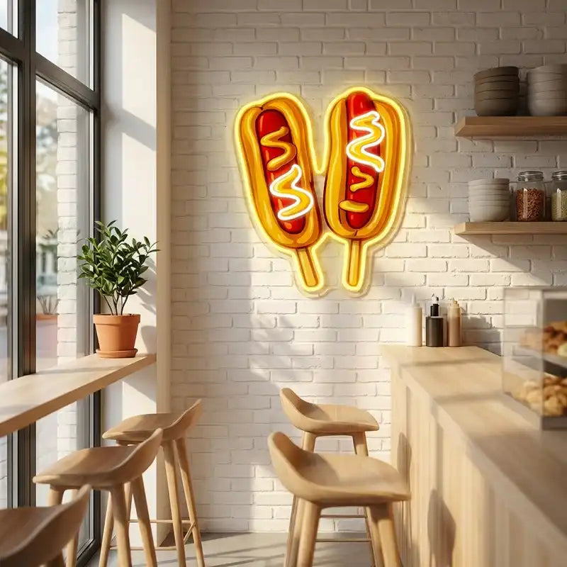 Custom Corn Dog LED Neon Sign with Clear Acrylic Backing for Fast Food Shops, Restaurants and Snack Bars