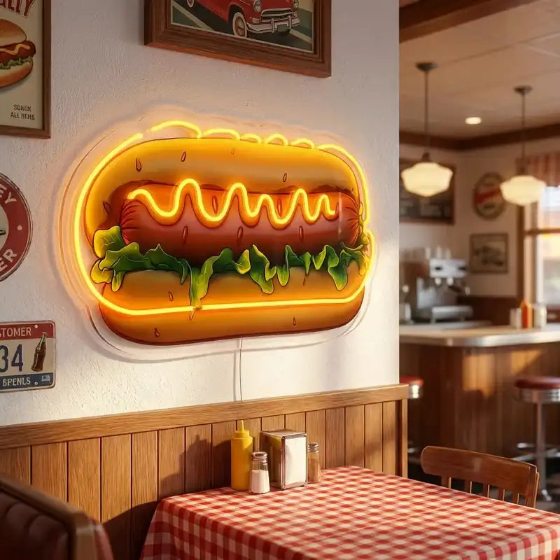 Custom Hot Dog LED Neon Sign with Clear Acrylic Backing for Fast Food Shops, Restaurants and Snack Bars
