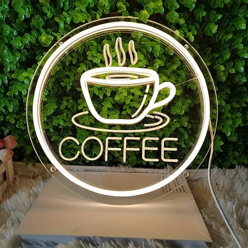 Wholesale Custom Coffee Cup LED Neon Sign with Round Clear Acrylic Backing for Cafes, Coffee Shops, Restaurants and Beverage Bar Wall Decor
