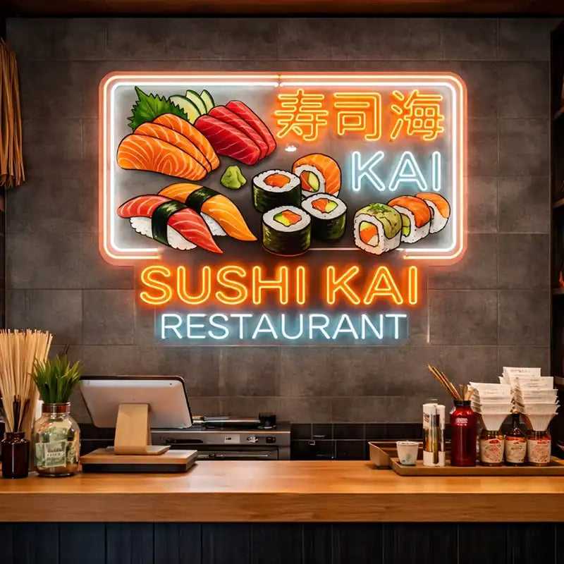 Wholesale Custom Sushi Restaurant LED Neon Sign with UV Printed Acrylic Backing for Japanese Restaurants, Sushi Bars, Asian Food Shops and Storefront Wall Decor