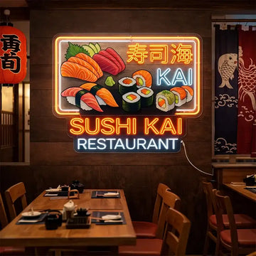 Wholesale Custom Sushi Restaurant LED Neon Sign with UV Printed Acrylic Backing for Japanese Restaurants, Sushi Bars, Asian Food Shops and Storefront Wall Decor