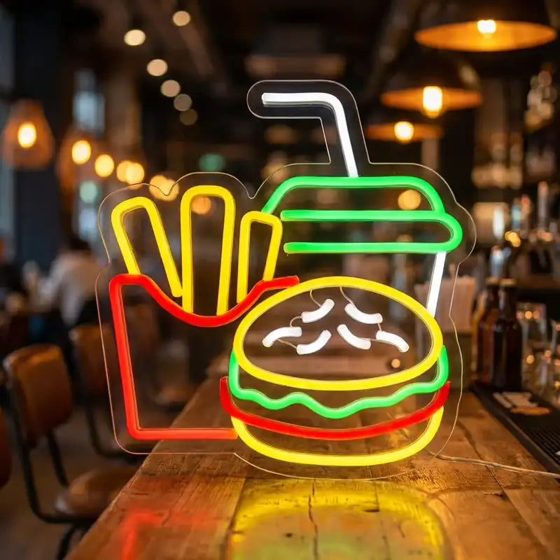 Custom Burger Fries Drink LED Neon Sign with Clear Acrylic Backing for Fast Food Shops, Restaurants and Bars