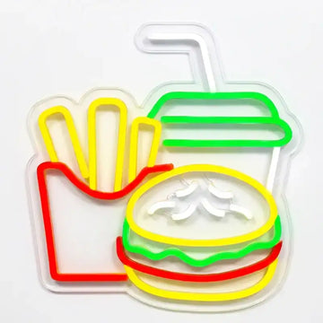Custom Burger Fries Drink LED Neon Sign with Clear Acrylic Backing for Fast Food Shops, Restaurants and Bars