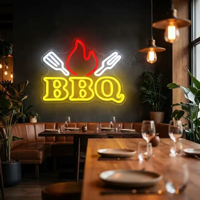 Custom BBQ LED Neon Sign with Clear Acrylic Backing for Barbecue Restaurants, Bars and Grill Shops