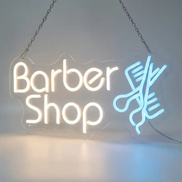 Custom Barber Shop LED Neon Sign with Clear Acrylic Backing for Barbershops, Hair Salons and Grooming Studios