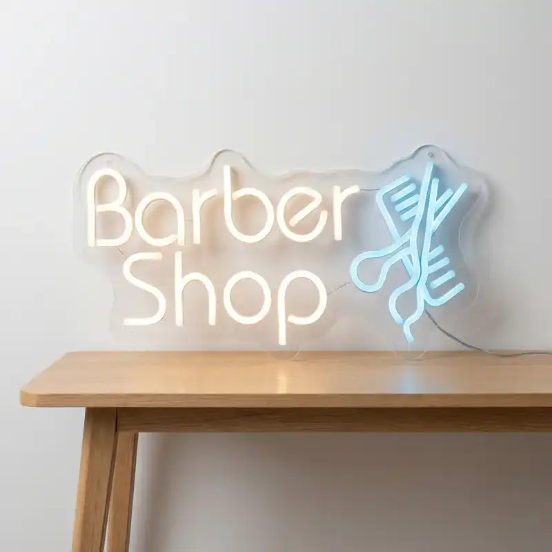 Custom Barber Shop LED Neon Sign with Clear Acrylic Backing for Barbershops, Hair Salons and Grooming Studios