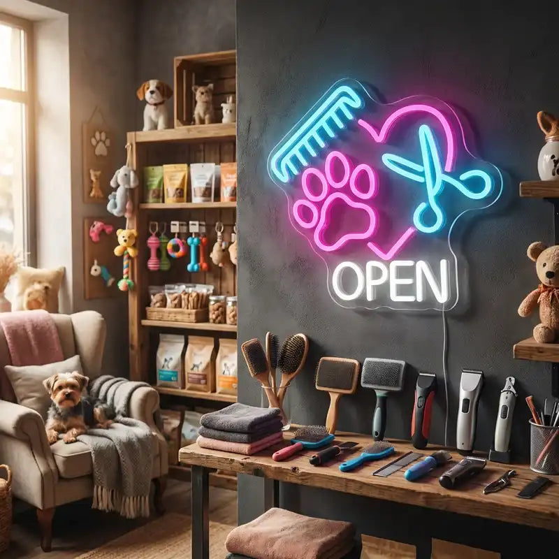 Custom Pet Grooming Open LED Neon Sign with Clear Acrylic Backing for Pet Salons, Grooming Shops and Pet Stores