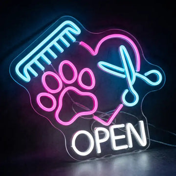 Custom Pet Grooming Open LED Neon Sign with Clear Acrylic Backing for Pet Salons, Grooming Shops and Pet Stores