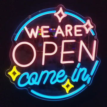 Custom LED Neon Sign “WE ARE OPEN come in” Round Acrylic Neon Light Sign for Storefront, Business Open Sign, Retail Shop Window Display, Wholesale Neon Sign Manufacturer