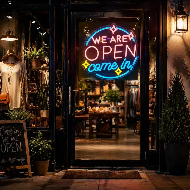 Custom LED Neon Sign “WE ARE OPEN come in” Round Acrylic Neon Light Sign for Storefront, Business Open Sign, Retail Shop Window Display, Wholesale Neon Sign Manufacturer