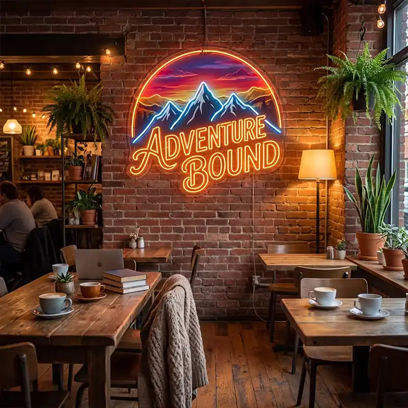 Wholesale Custom Adventure Bound LED Neon Sign with Mountain Sunset UV Printed Acrylic Backing for Outdoor Brands, Travel Shops, Camps, Lodges and Wall Decor