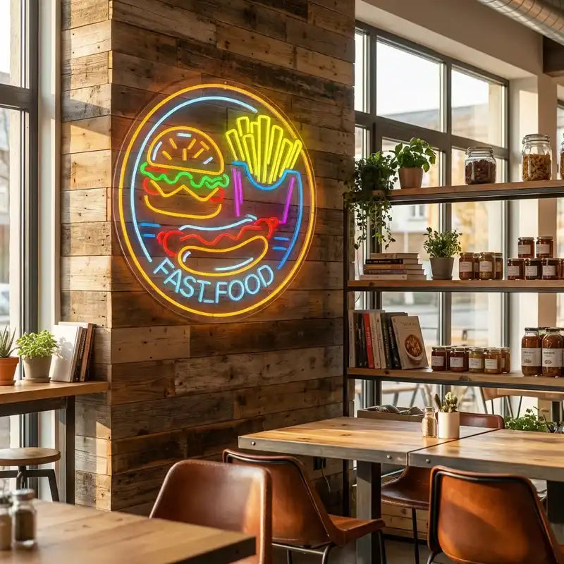 Custom Fast Food LED Neon Sign with Burger, Fries and Hot Dog Design for Restaurants and Food Shops
