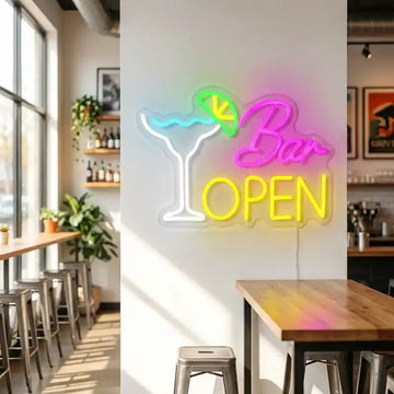 Custom Bar Open LED Neon Sign with Cocktail Glass Design and Clear Acrylic Backing for Bars, Lounges and Restaurants