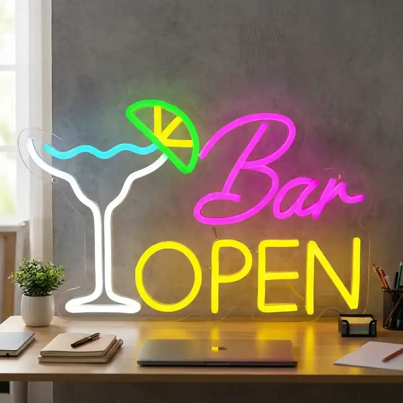Custom Bar Open LED Neon Sign with Cocktail Glass Design and Clear Acrylic Backing for Bars, Lounges and Restaurants