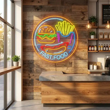 Custom Fast Food LED Neon Sign with Burger, Fries and Hot Dog Design for Restaurants and Food Shops