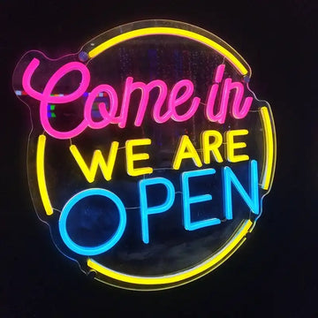 Wholesale Custom Come In We Are Open LED Neon Sign with Round Clear Acrylic Backing for Storefronts, Retail Shops, Cafes and Restaurants
