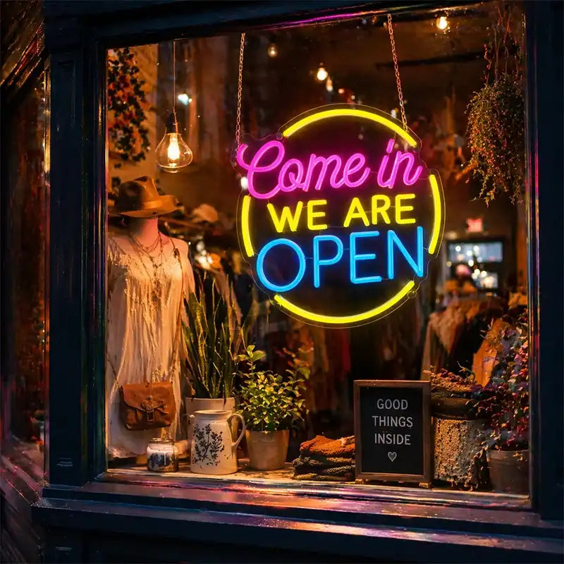 Wholesale Custom Come In We Are Open LED Neon Sign with Round Clear Acrylic Backing for Storefronts, Retail Shops, Cafes and Restaurants