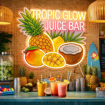 Wholesale Custom Juice Bar LED Neon Sign with UV Printed Acrylic Backing for Smoothie Shops, Cafes, Fruit Bars, Restaurants and Tropical Wall Decor