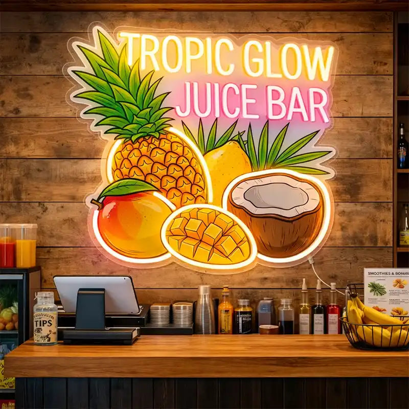Wholesale Custom Juice Bar LED Neon Sign with UV Printed Acrylic Backing for Smoothie Shops, Cafes, Fruit Bars, Restaurants and Tropical Wall Decor