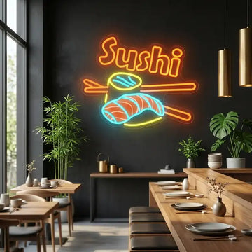 Custom Sushi LED Neon Sign with Clear Acrylic Backing for Japanese Restaurants, Bars and Food Shops