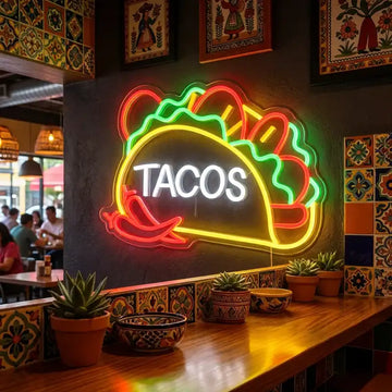 Custom Tacos LED Neon Sign with Clear Acrylic Backing for Mexican Restaurants, Taco Shops and Food Trucks