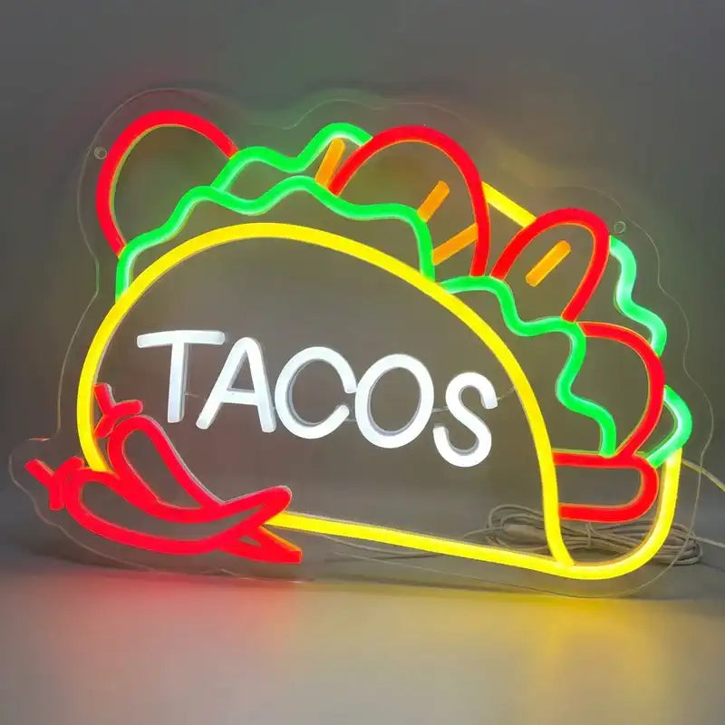 Custom Tacos LED Neon Sign with Clear Acrylic Backing for Mexican Restaurants, Taco Shops and Food Trucks