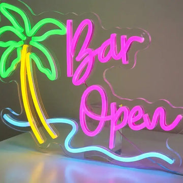 Custom Bar Open LED Neon Sign with Palm Tree and Wave Design, Clear Acrylic Backing for Bars, Beach Bars and Lounges