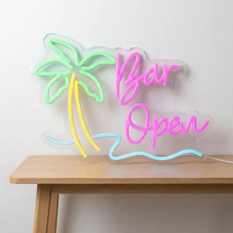 Custom Bar Open LED Neon Sign with Palm Tree and Wave Design, Clear Acrylic Backing for Bars, Beach Bars and Lounges