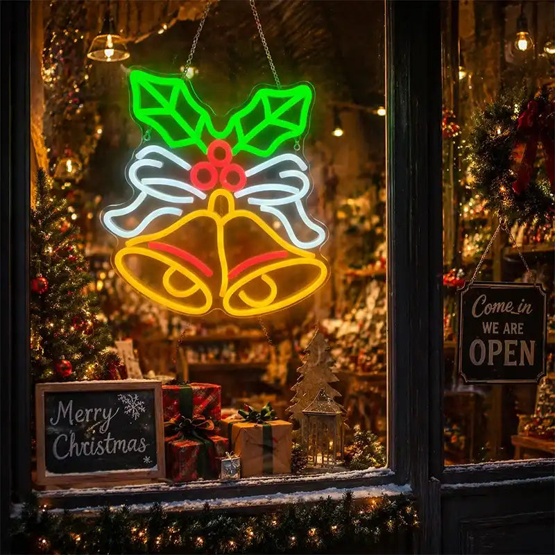 Wholesale Custom Christmas Bells LED Neon Sign with Clear Acrylic Backing for Holiday Decor, Retail Stores, Restaurants, Events and Christmas Wall Display