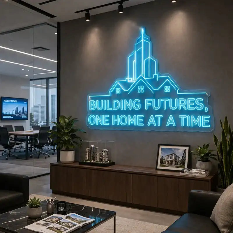 Custom Real Estate LED Neon Sign – “Building Futures, One Home at a Time” Corporate Office Wall Decor, Architecture & Property Development Branding Neon Light for Office Lobby