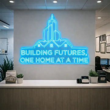 Custom Real Estate LED Neon Sign – “Building Futures, One Home at a Time” Corporate Office Wall Decor, Architecture & Property Development Branding Neon Light for Office Lobby