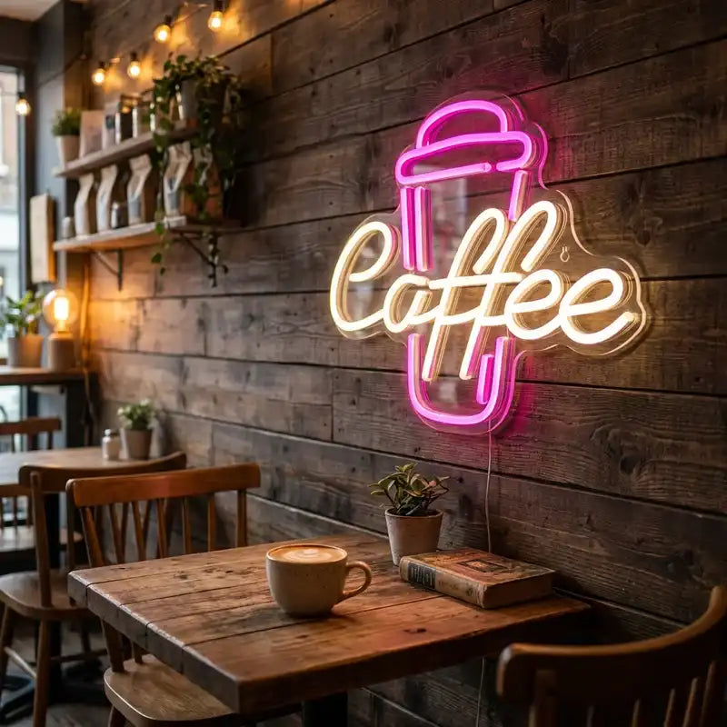 Custom Coffee Cup LED Neon Sign with Clear Acrylic Backing for Coffee Shops, Cafes and Bakery Stores